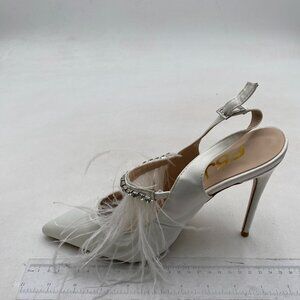 FSJ Women Sexy Stilettos Closed Pointed Toe Slingback Pumps,Rhinestone,Fur,White